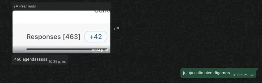Captura de WhatsApp: 463 respuestas del formulario y 460 agendas