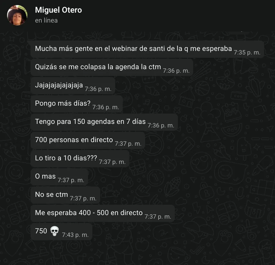 Miguel Otero: 750 personas en directo y agenda para 150 llamadas en 7 días